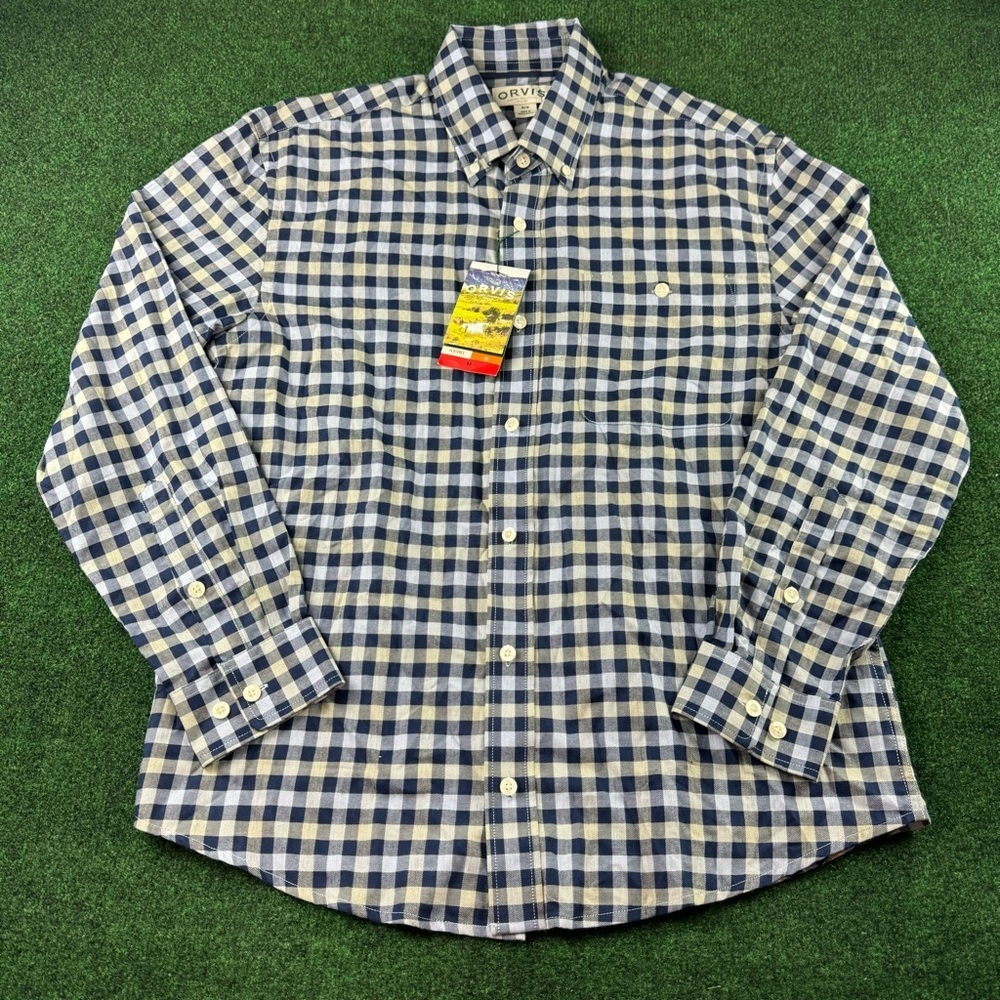 NWT ORVIS Classic Fit Signature Twill Navy Plaid  Cotton Casual Shirt Sz Medium